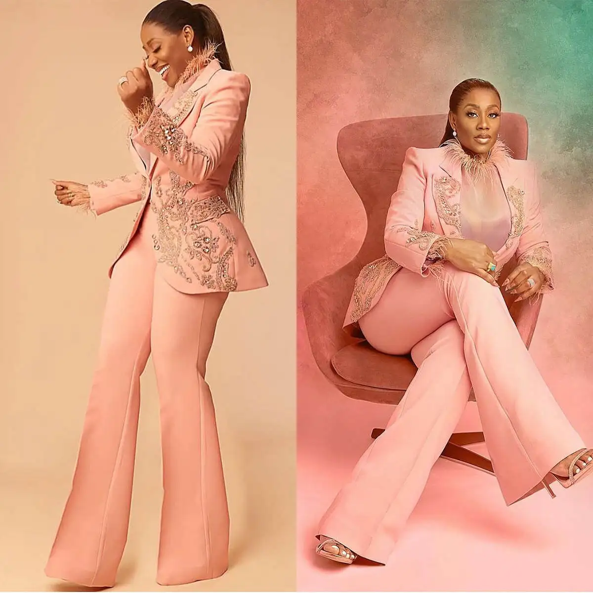 Women Party Dresses women suit pants set Plus Size Africa Women Jacket Pants Suits Beads Crystal Applique Pocket Blazer Sexy Party Prom Gown 2 Pieces Set