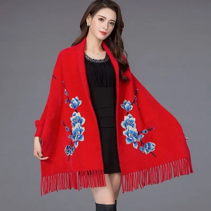 

Mink fur all-match shawl cape women autumn and winter 2023 Korean tassel dual-purpose embroidered cloak poncho sweater women