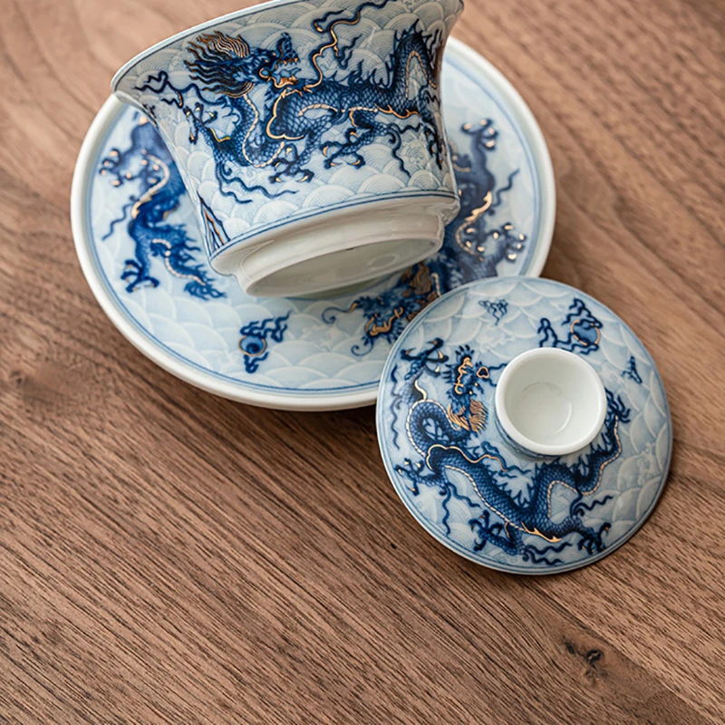 Metal Inlay Blue and White Chinese Dragon Gaiwan Single Ceramic Kungfu Tea Set Tea Making Bowl Tureen