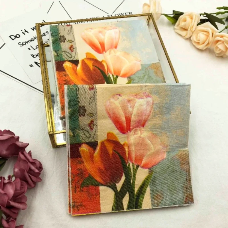 20pcs/pac 2-Ply Paper Napkins, Tissue Paper Decoration, Colourful Printed Tulip Flower Wedding Party Folded