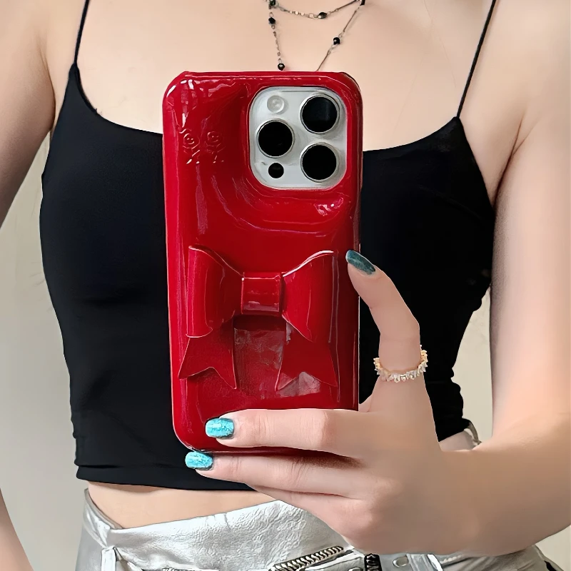 Korean Vintage Red 3D Bowknot Leather Case - Creative Glossy Soap Soft Cover