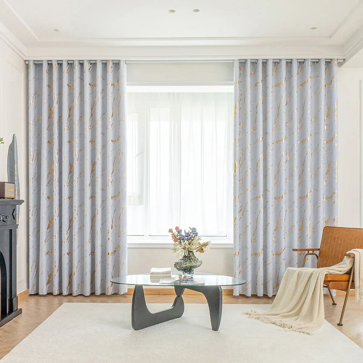 Luxury Marble Pattern Curtain 1 Panel with Gold Foil Design for Living Room