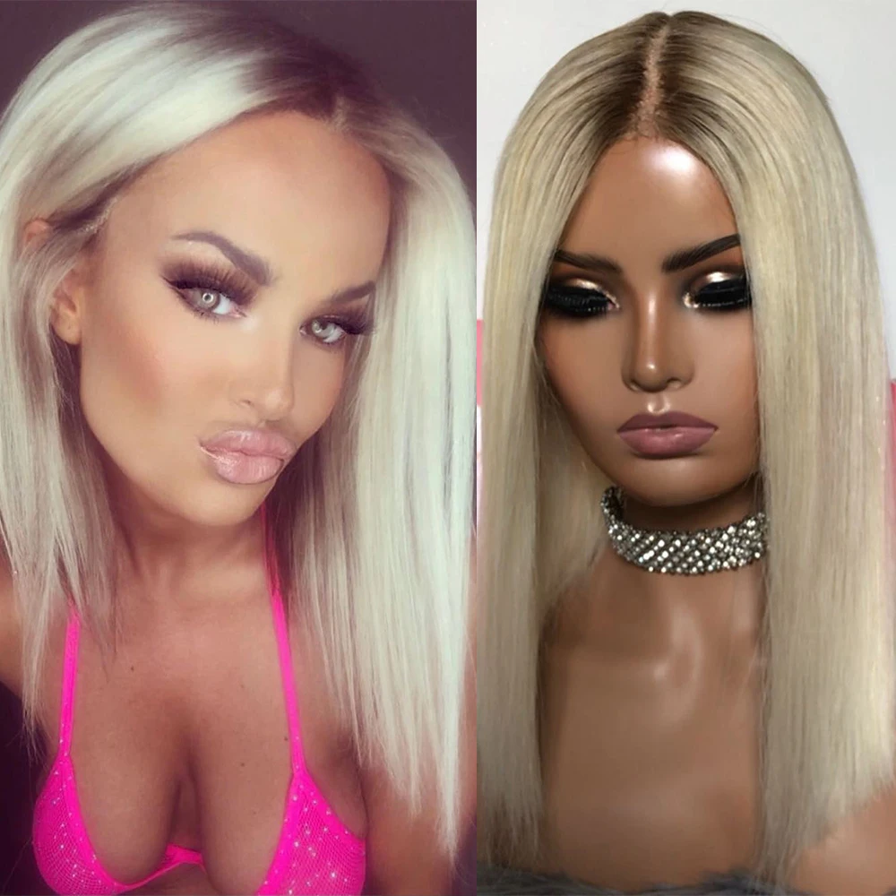 

Premium Human Hair T Part Wig 14” 180 Density Platinum Blonde with Light Brown Roots Melting Middle Parting HD Transparent Lace