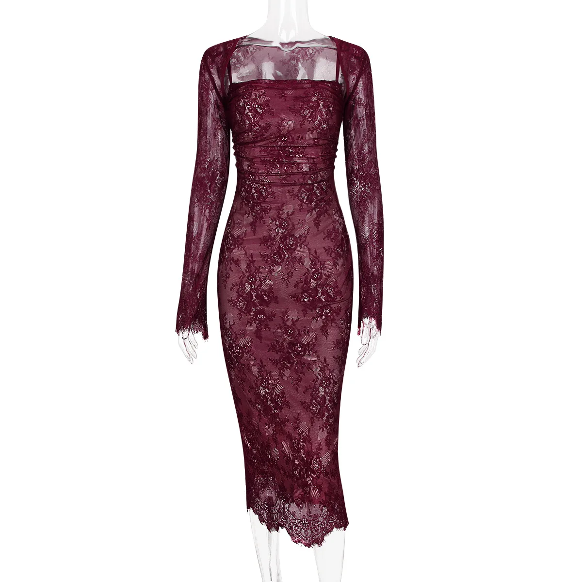 Burgundy Lace Prom Dress Pieces Set Sexy Srap Party Evening