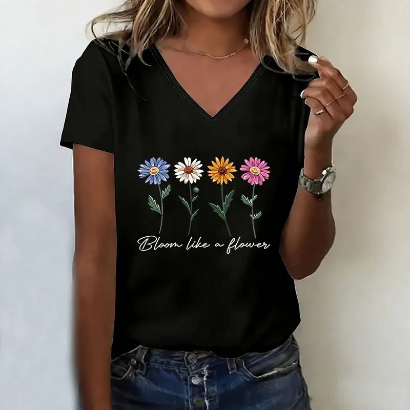 Trendiges Blumen-T-Shirt mit V-Ausschnitt, Lässige Mode Y2k Blumendruck T-Shirts für Damen, Kurzarm Tee-Shirt V-Ausschnitt Sommer Frühling