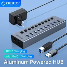 ORICO USB3.0 Hub Aluminum Industrial 7-Port Splitter Split Switch with 12v Power Adapter for Macbook Mobile Phone Tablets