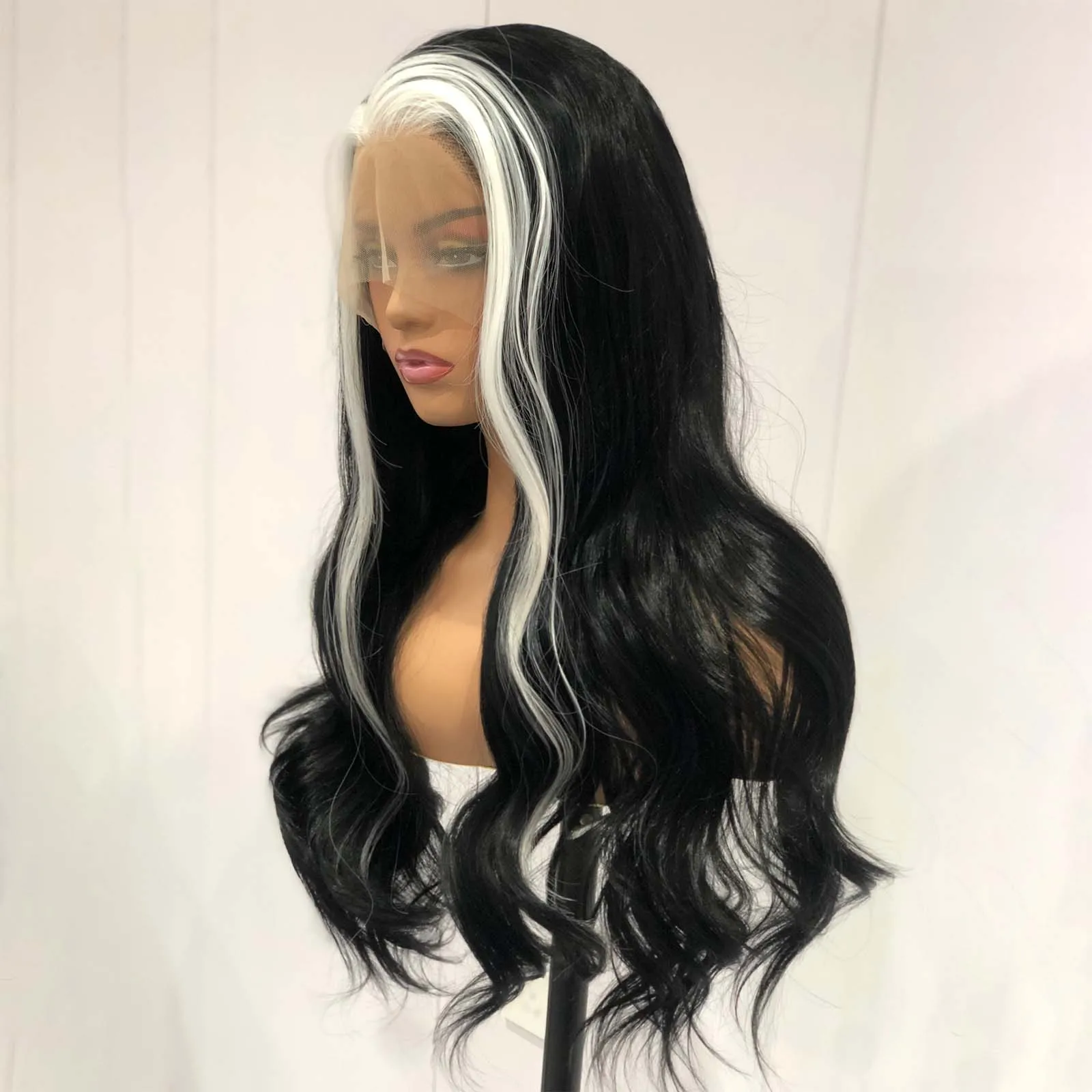 Black White Highlight Synthetic Lace Front Wig Long Curly Natural Wavy Colored Body Wave 13X4 Lace Frontal Wigs For Women