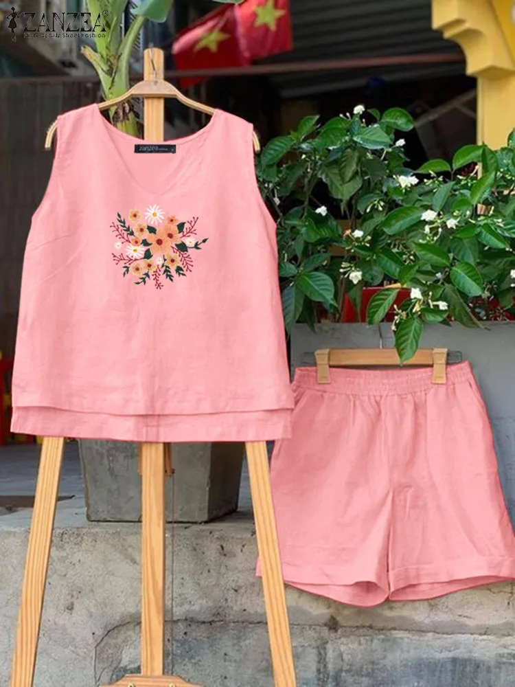 

Летний цветочный спортивный костюм ZANZEA, элегантные майки без рукавов, короткие костюмы, праздничный наряд из 2 предметов, женские повседневные свободные подходящие комплекты