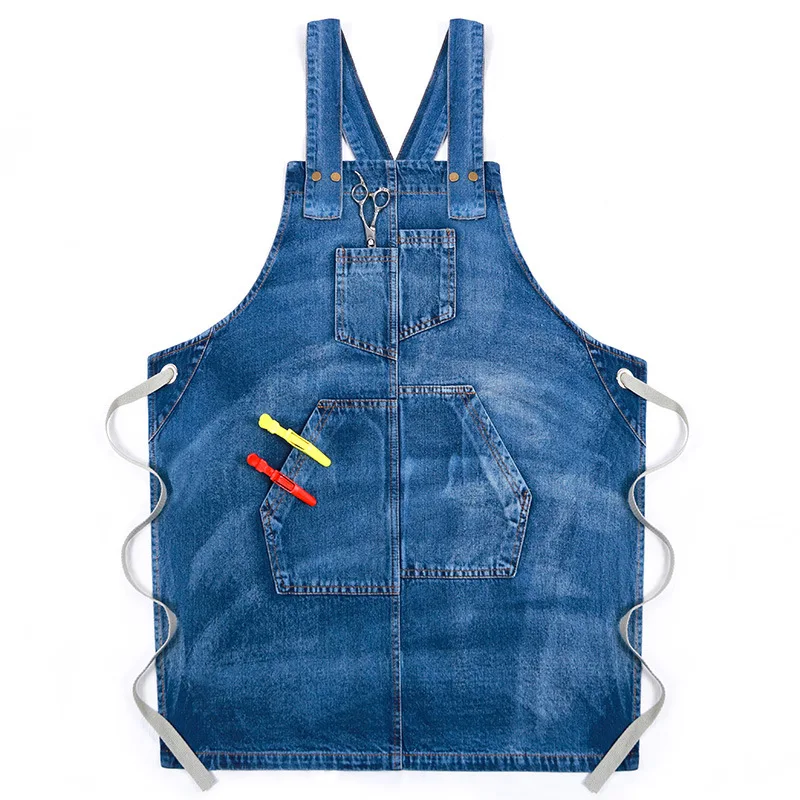 

Джинсовый фартук для кухни выпечки Пользовательский логотип парикмахерский чайный магазин цветочное Искусство Маникюр для волос для мужчин и женщин Рабочая одежда