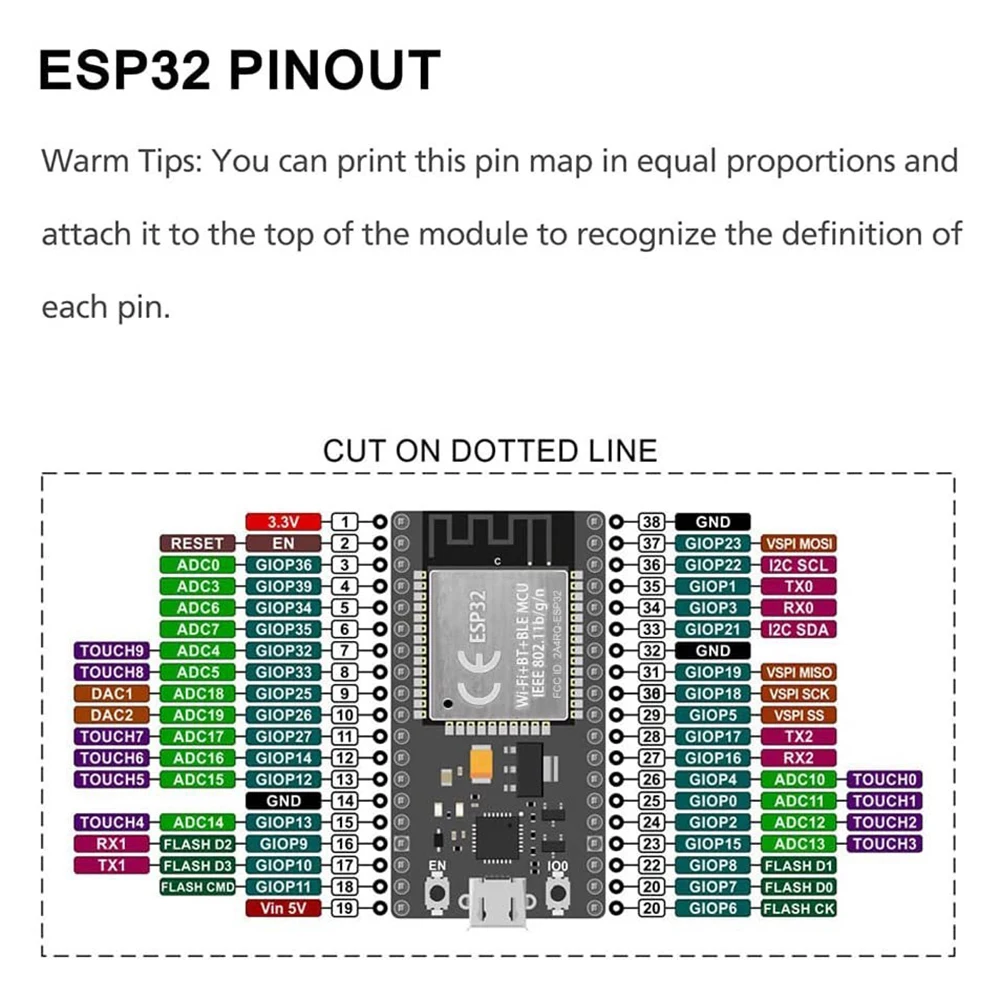 WiFi 및 Bluetooth 애플리케이션을 위한 GPIO 1 Into 2 38PIN 좁은 버전 듀얼 코어 CPU를 갖춘 ESP32 확장 브레이크아웃 보드