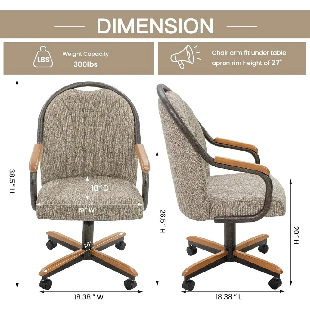 Douglas Casual Dining Chairs Classic Swivel Tilt Dining Chairs with Casters, Wooden Arm Metal Base Chairs with Rolling Wheels f 3