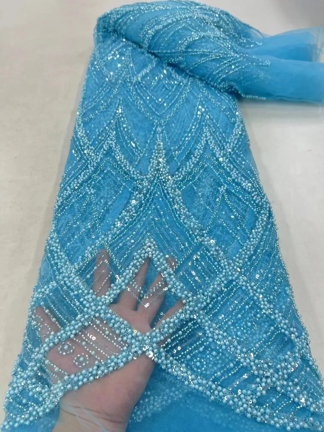 

African Lace Fabric with Sequins,Beaded Mesh, Pearl Lace Material for Party and Wedding, Nigerian Sewing,High Quality,2024