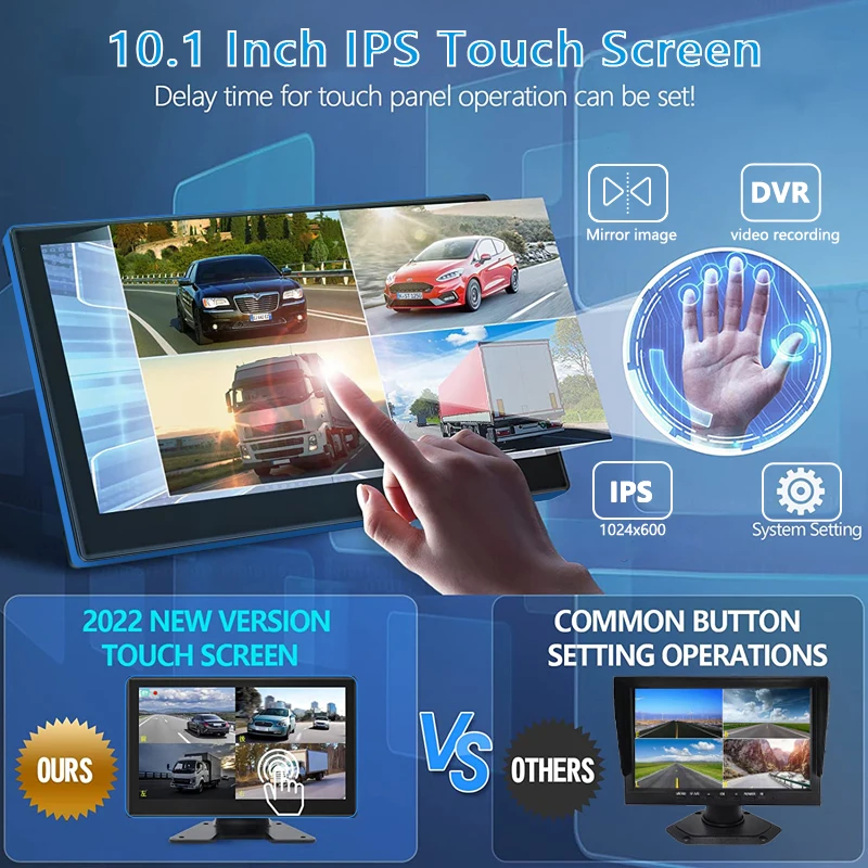 10.1" AHD 1080P 4CH Truck Backup Camera Record Monitor Touch Screen Vehicle DVR Kit Rear View Reverse System Parking Monitoring