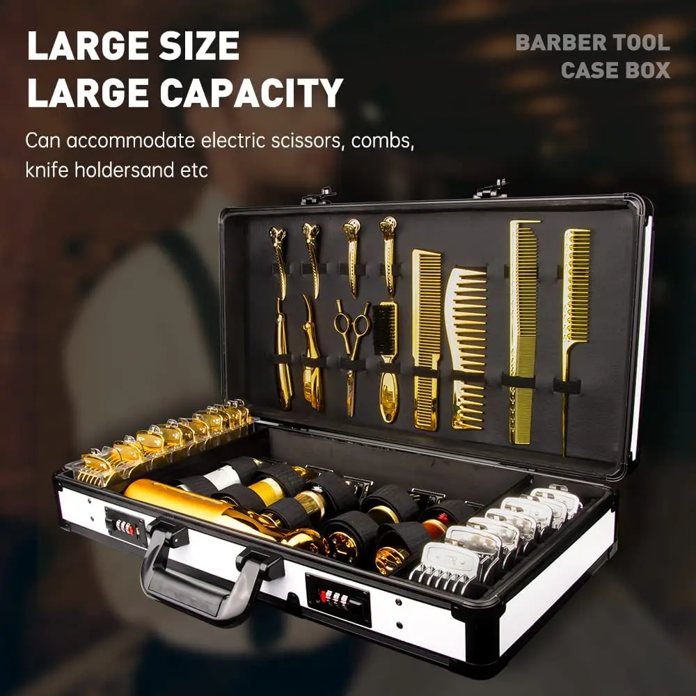 

Barber Hairdressing Tool Box Stylist Travel Metal Case Hair Styling Scissors Combs White Lock Case Organizer Holder