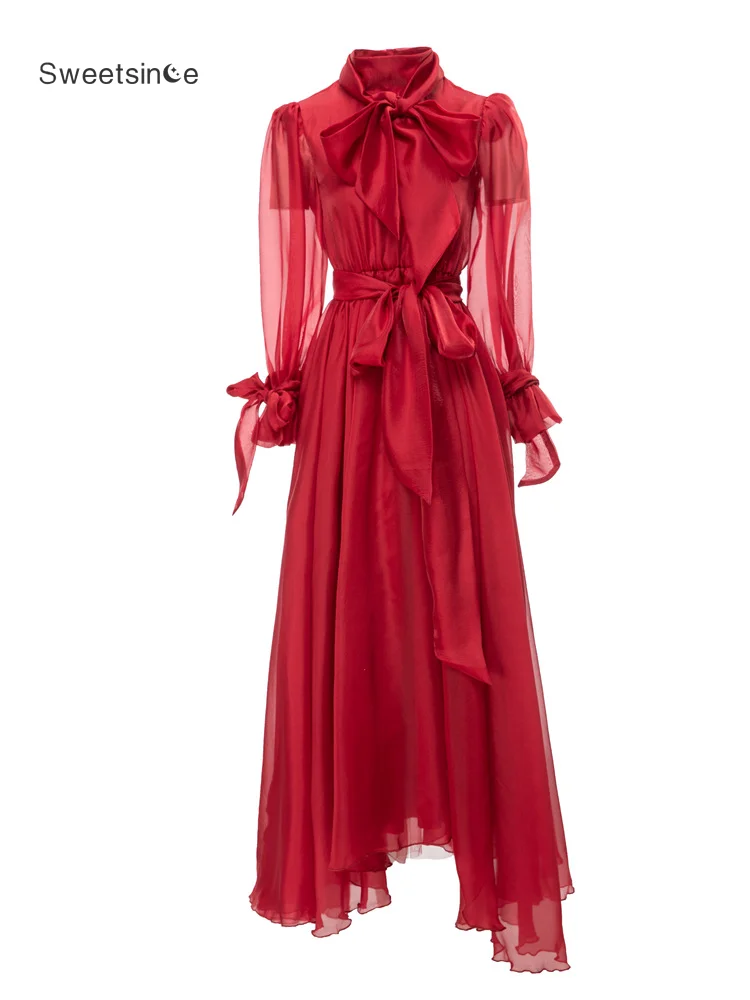 

Sweetsince Lush Large Swing Long Dress Luxury Women's 2023 Spring New European American Lace-up Slim 3D Petal Sleeve Tulle Red