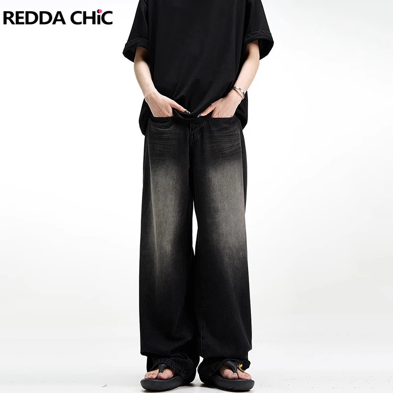 

ReddaChic Grunge Y2k Black Baggy Jeans Women Vintage Wash Whiskers Straight Wide Leg Casual Pants Oversize Boyfriend Trousers