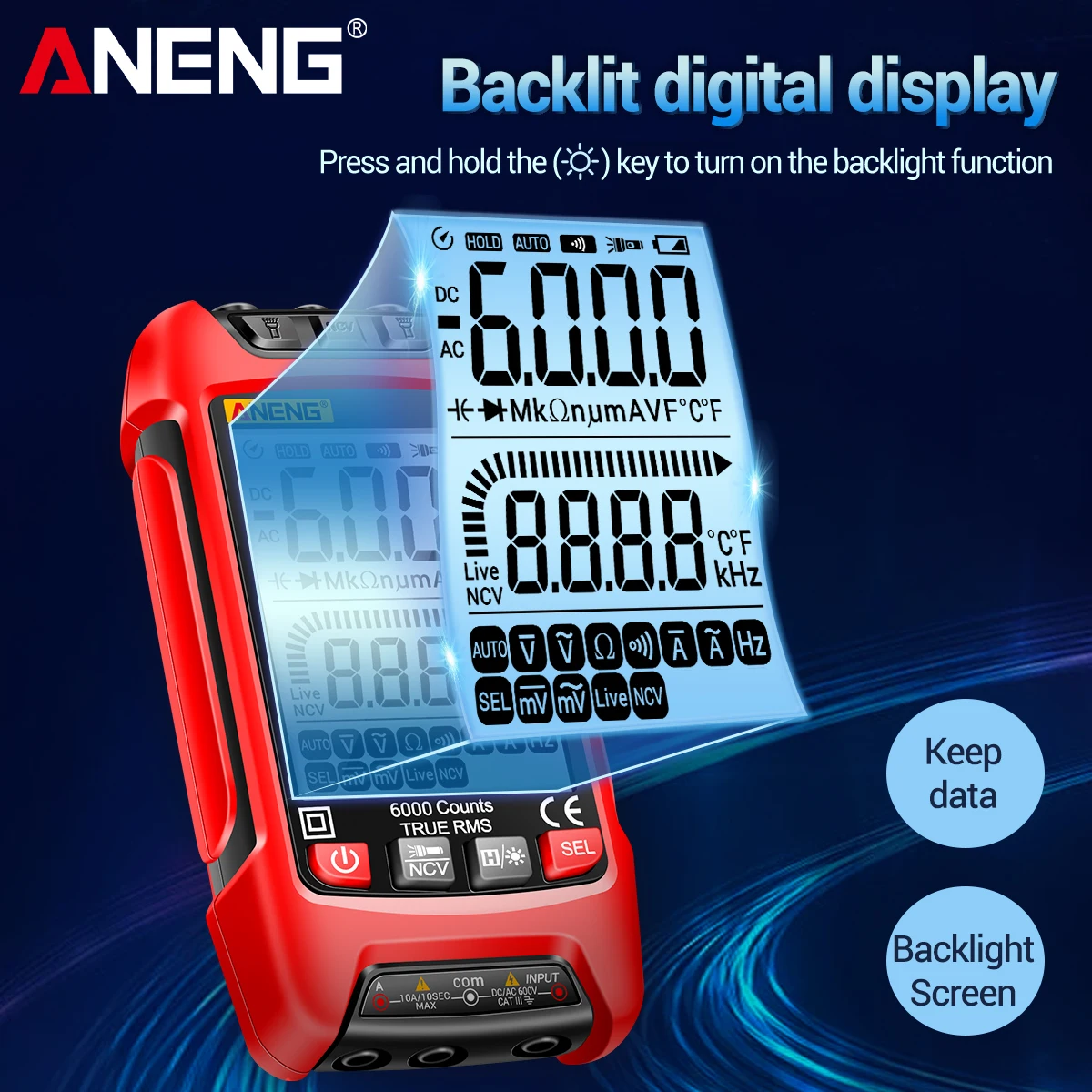 ANENG SZ01 Ʈ  Ƽ, 6000 īƮ, ڵ , True RMS, NCV  跮 ׽, а, , AC/DC 