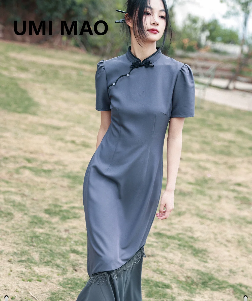

UMI MAO New Chinese Style Spliced Improved Qipao Long Party Summer Beach Dress Elegant Women's Vintage Slim Skirt Femme Y2K