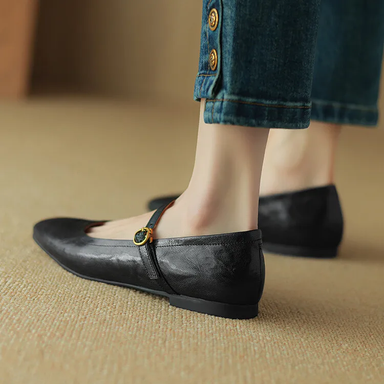Mary Janes Buckle Strap Round Toe Flat with Heels Women Shoes Sewing Genuine Sheepskin Leather Femme De Luxe Designer
