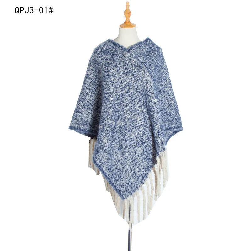 

European American Style Loop Yarn Fried Dough Twist Braid Thick Long Tassel Autumn Winter Thickened Plaid Cape Poncho Capes Blue