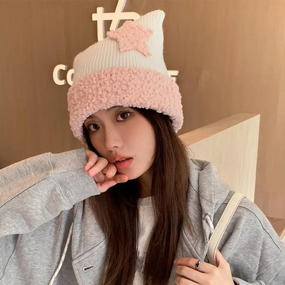 

Cute Warm Hat Stylish Women's Winter Hat Pentagram Shape Kitty Ear Decor Knitted Windproof for Daily Outdoor Activities Cat Ear