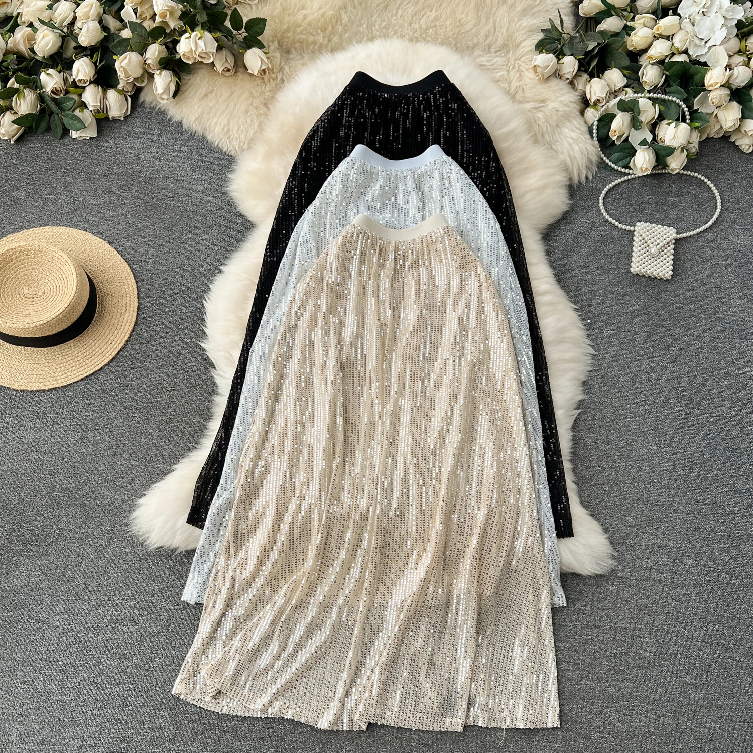 

Bilibili Shiny Sequin Skirt Women's Slim Fashion Midi Skirt Light Luxury Long Skirt Y2k