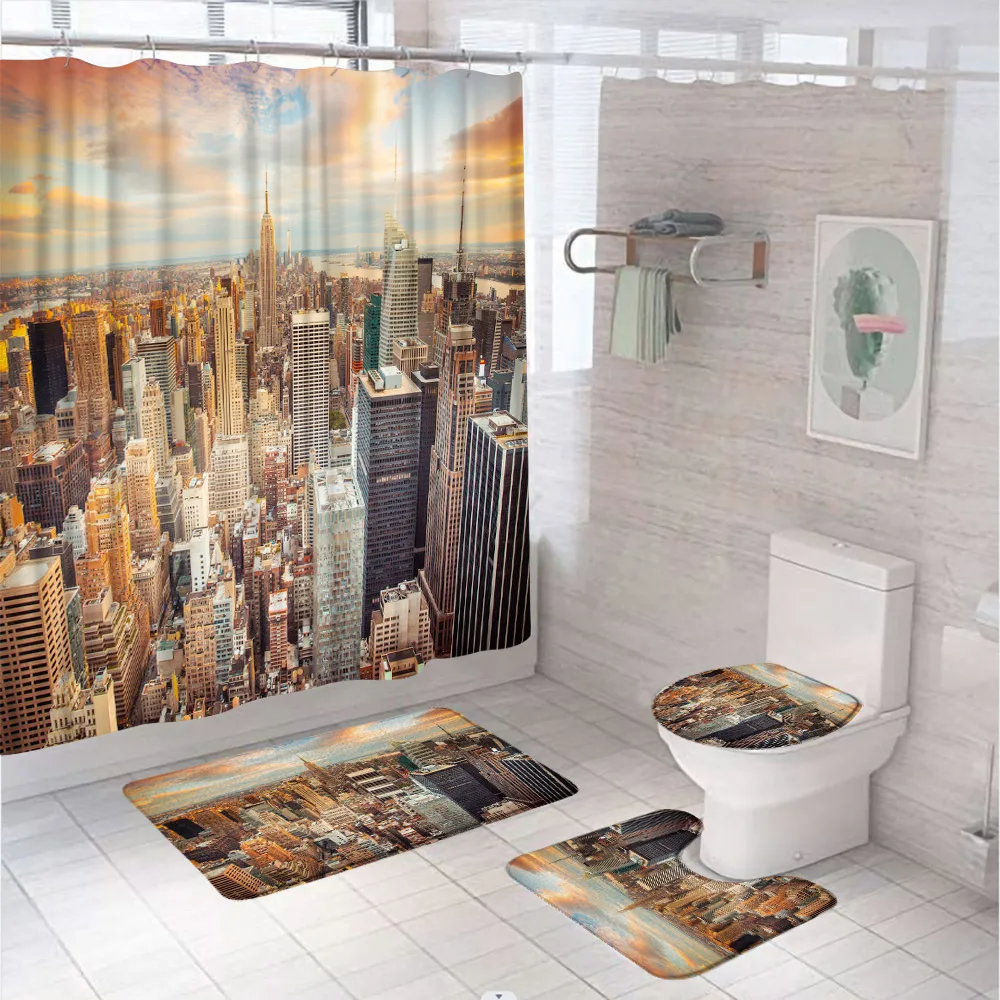 New York Shower Curtain Sets Manhattan Skyscrapers Urban Global Culture City Building Bathroom Decor Bath Mats Rug Toilet Cover