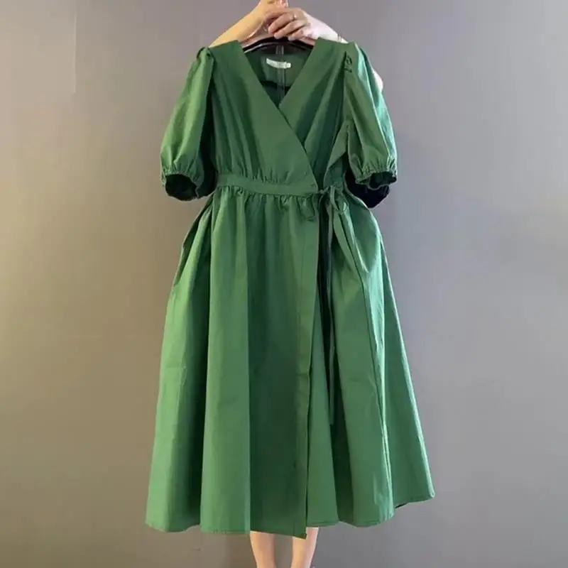 

Summer New Women's V-neck Lace Up Dress Loose Casual Commuter Oversize A-line Skirt