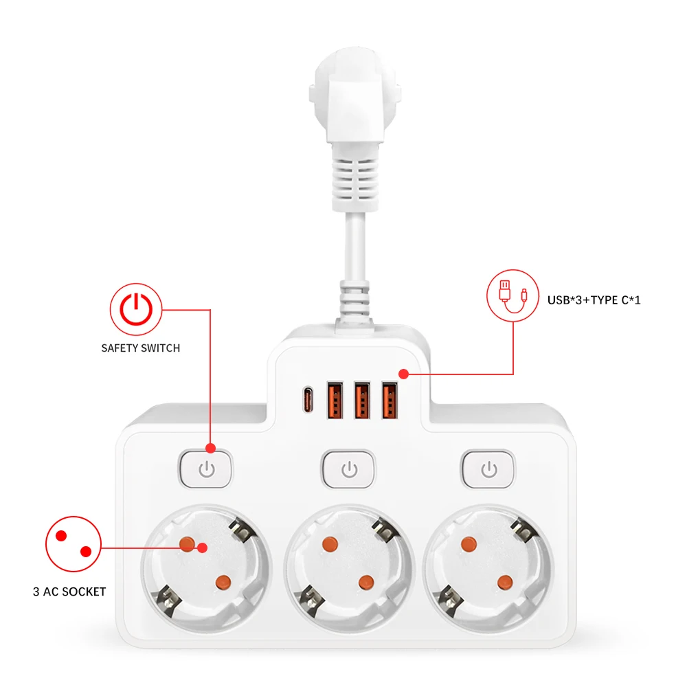 EU Plug AC Power Strip Wall Independent Switch 2500W European Standard Plug S617a7017048f418f8a6b885318f8c5ddc