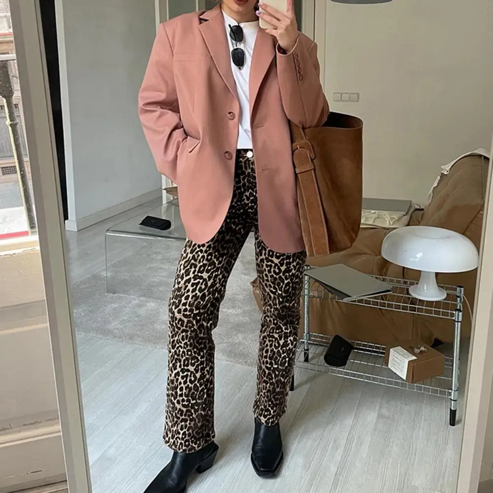 Leopard Print Pencil Pants Leopard Print Slim Fit Pencil Pants for Women with Button Zipper Fly Pockets Mid-rise Long Trousers