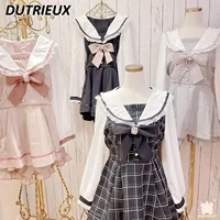 Japanese Style Women's Outfits Sailor Collar Plaid Rhinestone Bow Dress Shorts Set Sweet Lolita Mine Series Dress Two-Piece Suit 1