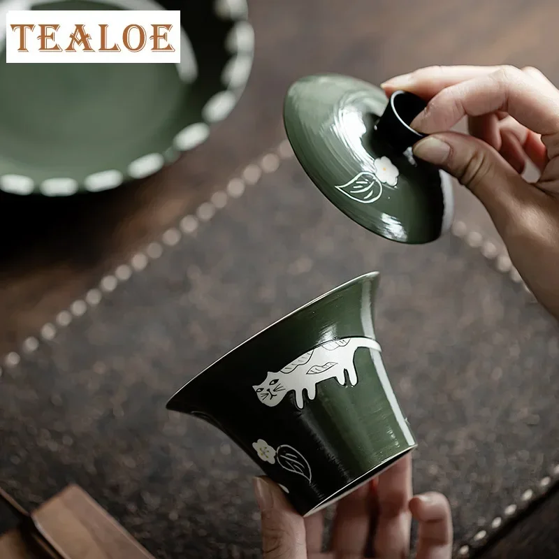 150ml Handmade Powder Yin Olive Green Gaiwan Boutique Hand Painted Cat Tea Tureen Tea Making Cover Bowl Tray Cafes Supplies