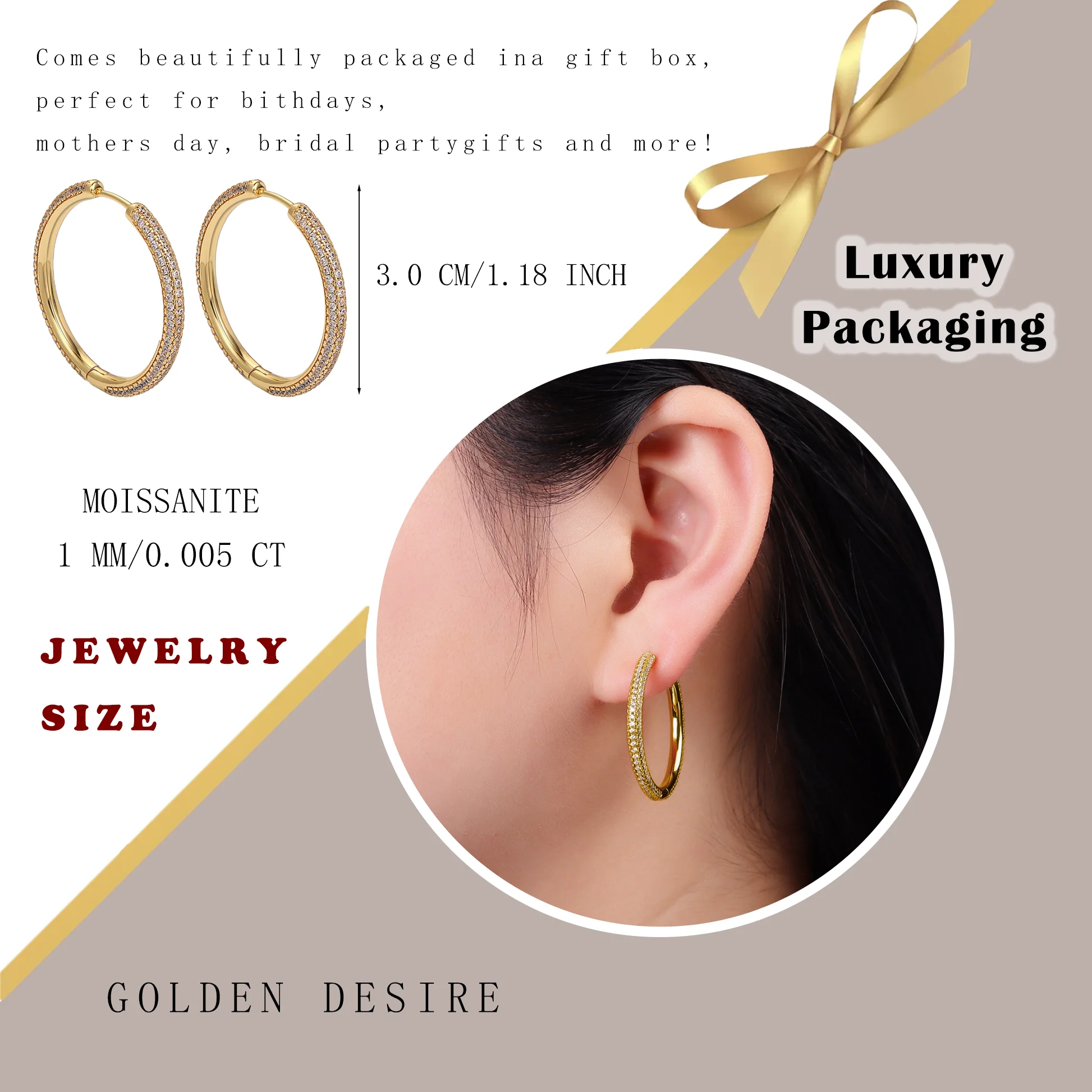 2pcs 30mm Moissanite Encrusted Gold Hoop Earrings - Luxurious and Timeless Elegance in 18K Gold Plated S925 Sterling Silver 5
