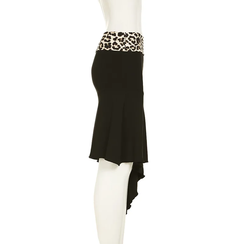 Leopard Sexy 2 Piece-Set Skirt Female Contrast Lace-Up Cropped Pullover And High Waist Skirt Sets Bandage Women's Outfits