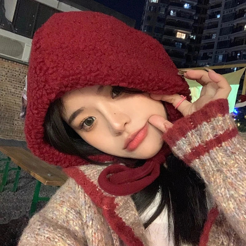 Winter Warm Plush Beanie Hat for Women Cute Ear Protection Lacing Strap Casual All-match Winter Cap Trendy Women's Headwear