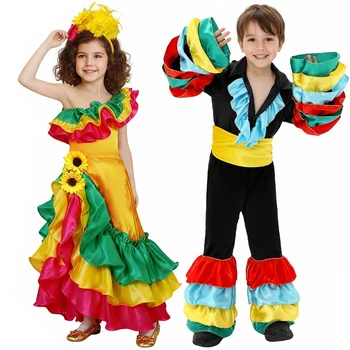 Set Costume Tradizionale per Danza Folkloristica Messicana, Abito Flamenco con Volant, Outfit Mariachi per Cinco De Mayo, Halloween ed Eventi Culturali