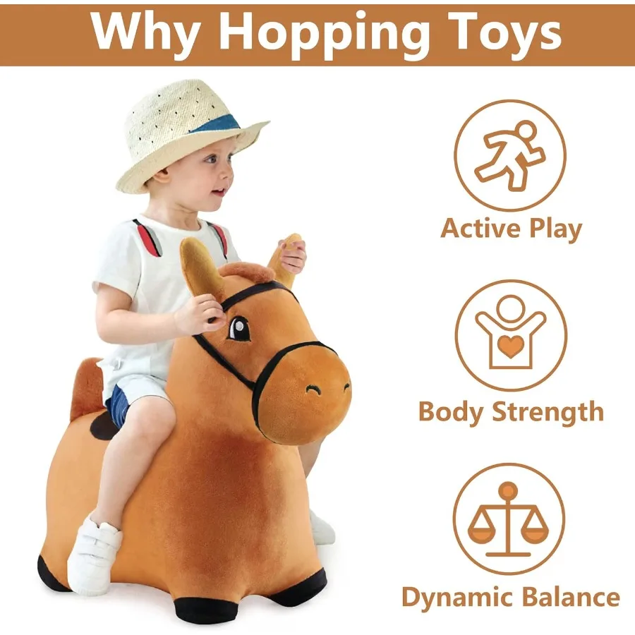 iPlay iLearn Bouncy Pals Brown Hopping Horse Toddler Plush Animal Hopper Toy with Inflatable Ride-on Bouncer and Built-in Pump