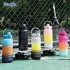 2L Outdoor Large Capacity Water Bottle Plastic Cup Bounce Cover Portable Leakproof Straw Cup Time Marker Gradient Gym Bottles
