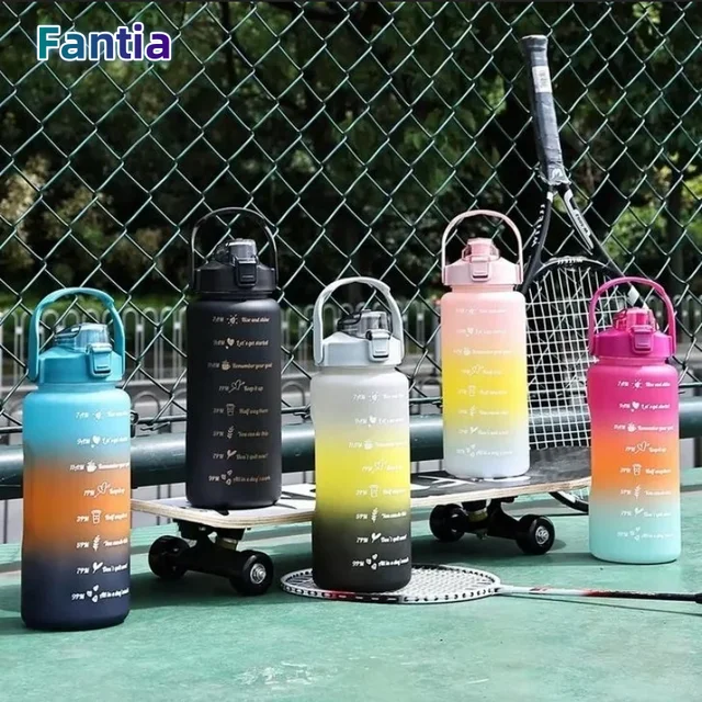 2L Outdoor Large Capacity Water Bottle Plastic Cup Bounce Cover Portable Leakproof Straw Cup Time Marker Gradient Gym Bottles