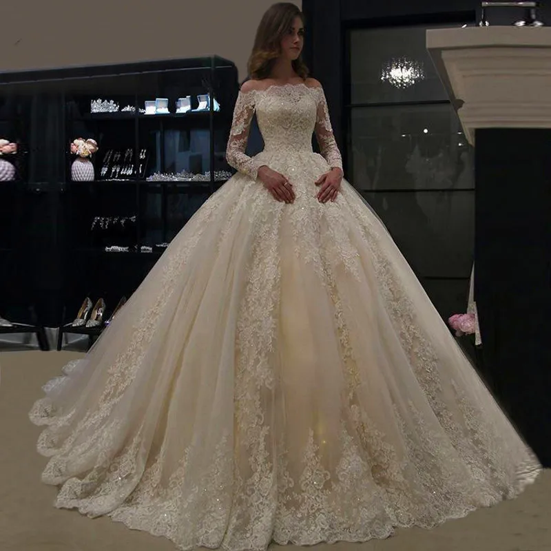 

Роскошное бальное платье с кружевной аппликацией, свадебное платье 2022, свадебные платья с длинным рукавом, платье Марие, вырез лодочкой, бисером