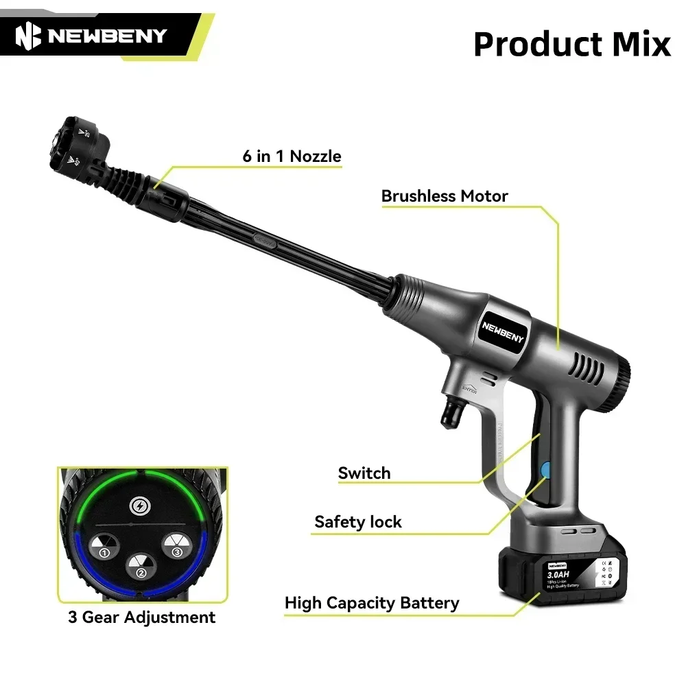NEWBENY 200Bar Brushless Car Washer 3Gear High Pressure Efficient Cordless Garden Cleaning Irrigation Tool For Makita 18VBattery 3
