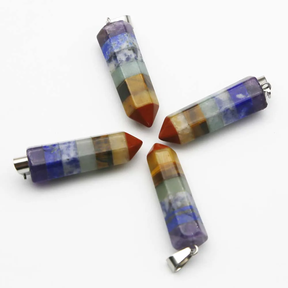 New Natural Stone 7Chakras Hexagon Pillar Necklace Pendant Mineral Healing Charm Fashion Jewelry Accessories Gift Wholesale 4Pcs