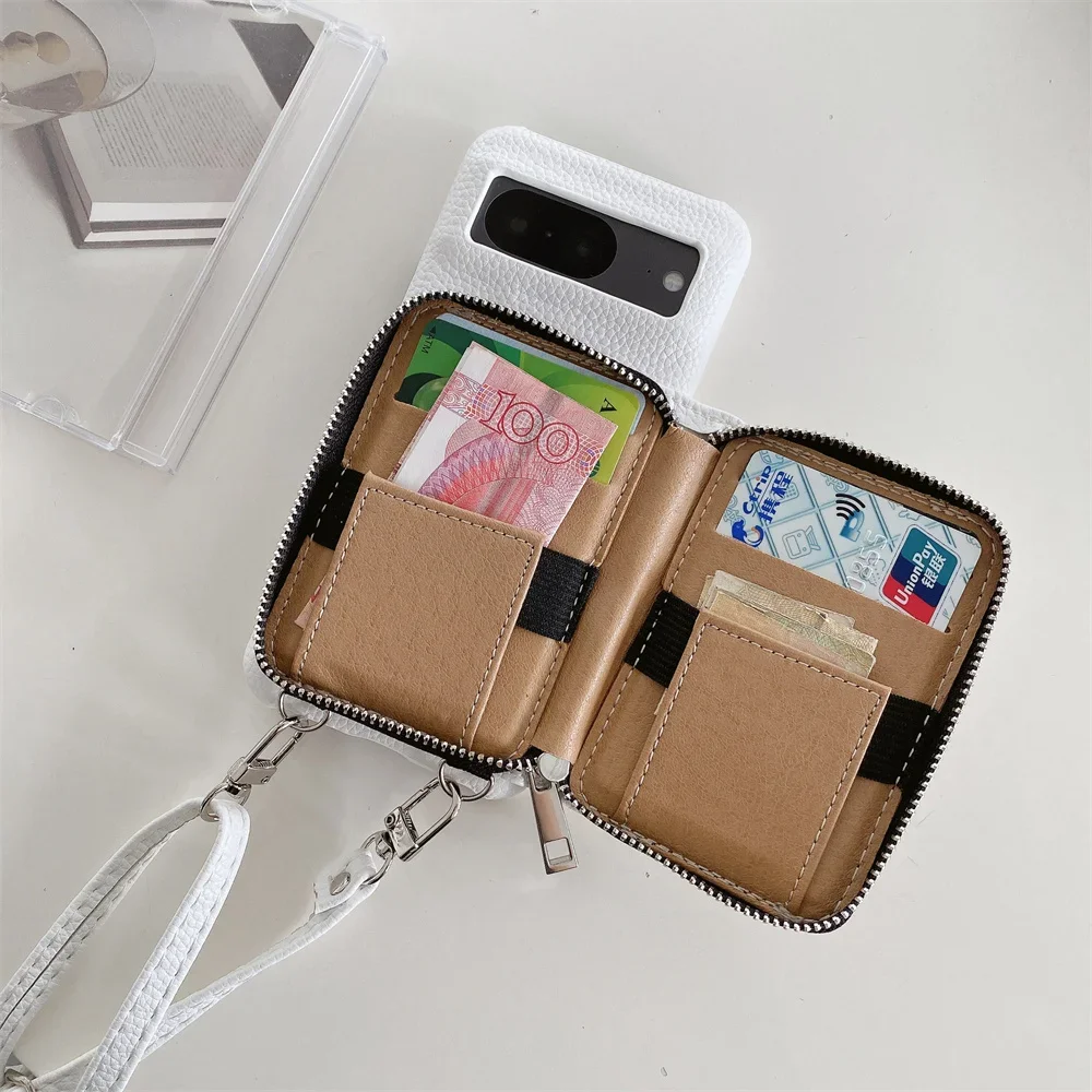 Leather Litchi Wallet Phone Case with Shoulder Strap and Card Holder Stand