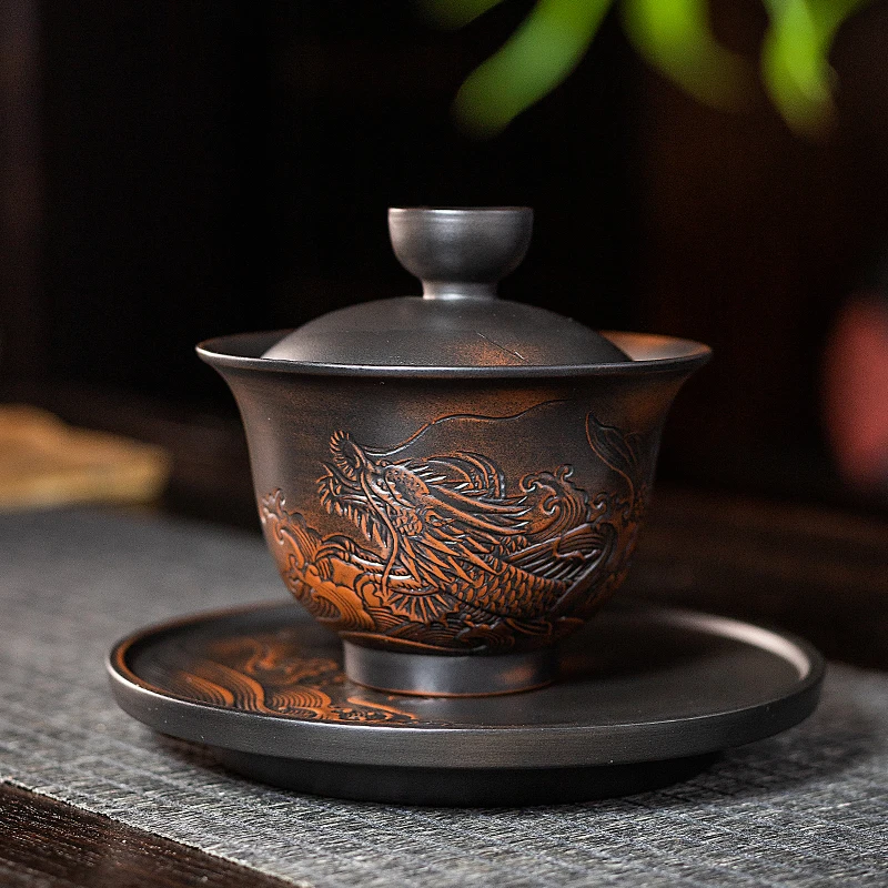 Dragon Purple Pottery Vintage Gaiwan Ceramic Jump Knife Process Tea Tureen Pigmented Kung Fu Drinkware Tea Tureen