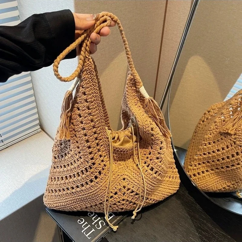 Lässige Stricktasche für Damen, Sommermode, Korbgeflecht, durchbrochenes Design, großes Fassungsvermögen, Umhängetasche für den täglichen Gebrauch_voghion.com