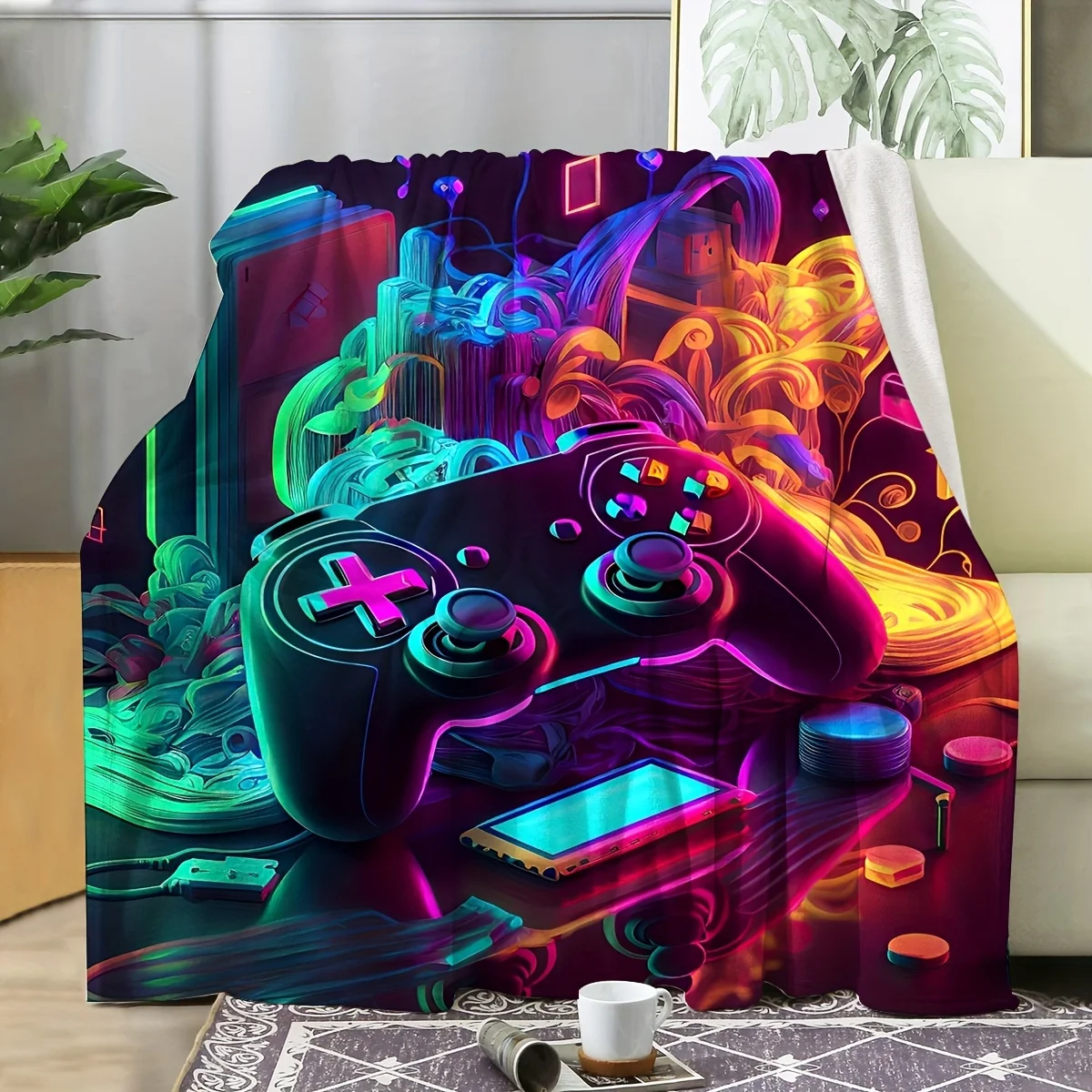 Neon Gaming Controller Blanket - Soft, Cozy, Stylish Decor for Ultimate Home Comfort and Ideal Gift for Gamers 3