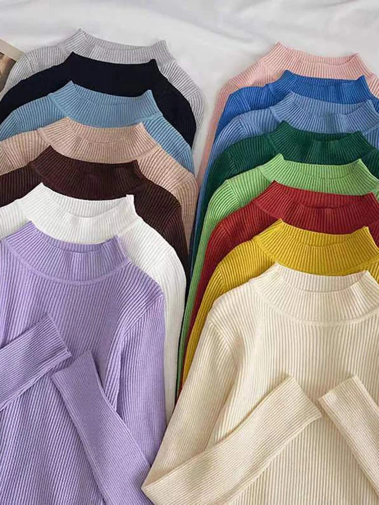 Suéter de cuello alto suave para mujer, jersey básico informal elástico de punto acanalado, suéteres de mujer 2026
