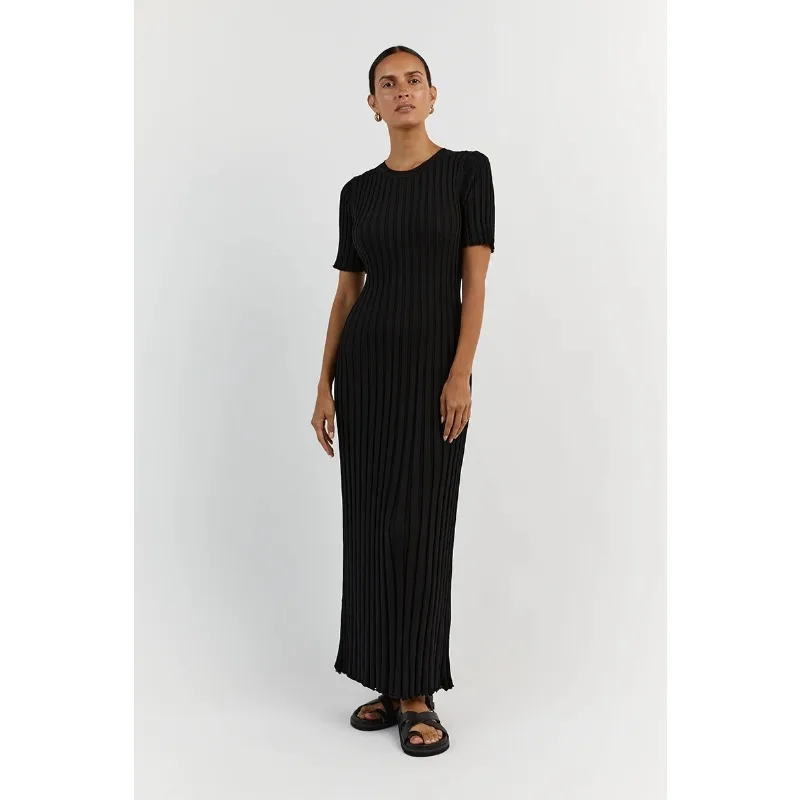 Ribbed Short Sleeve Casual Maxi Dress Knitwear Lace-Up High Waist Solid Patchwork Dress Autumn Female Knit Dress New
