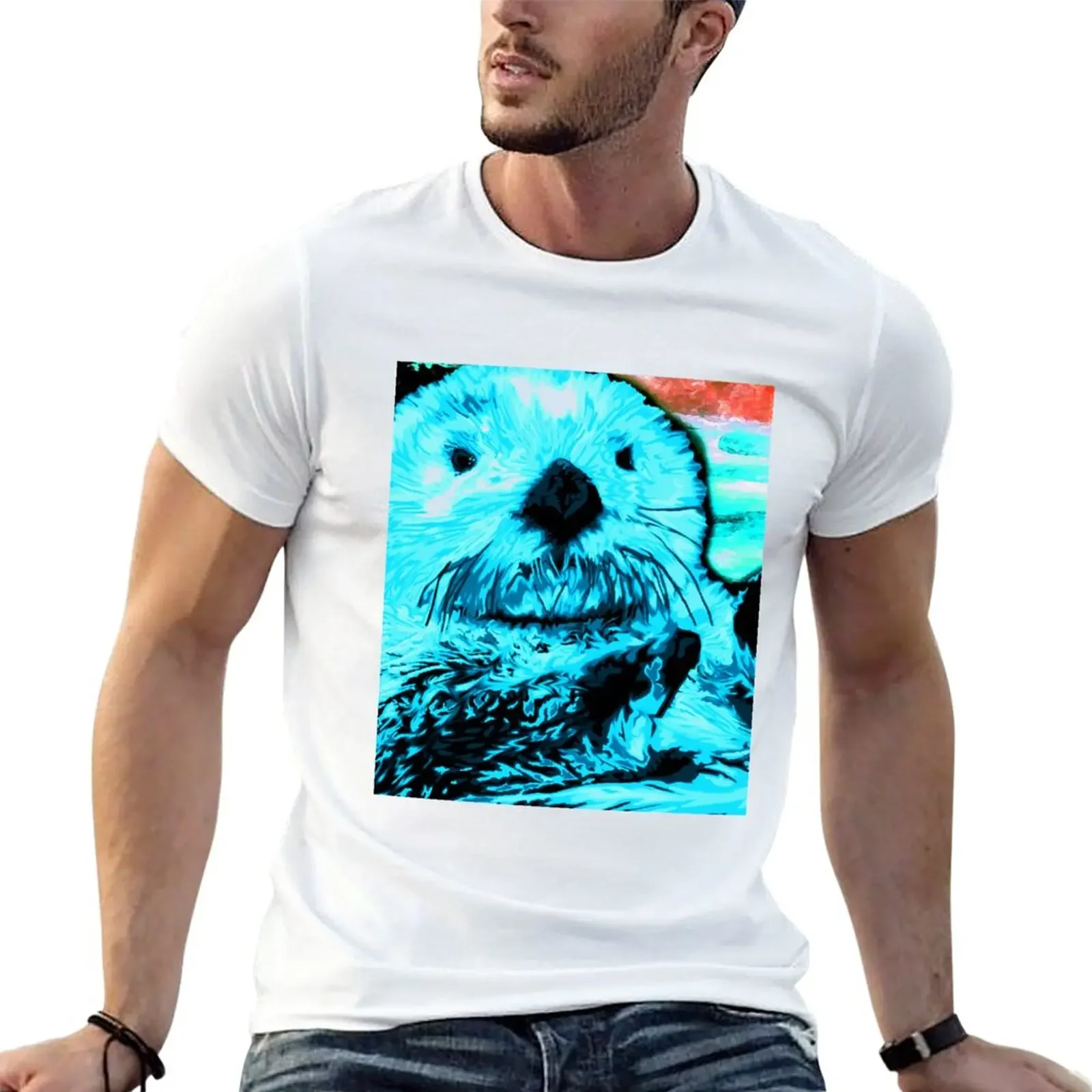 

Bright Aqua Blue painted Sea Otter art T-Shirt customs anime clothes summer clothes t shirts for men cotton