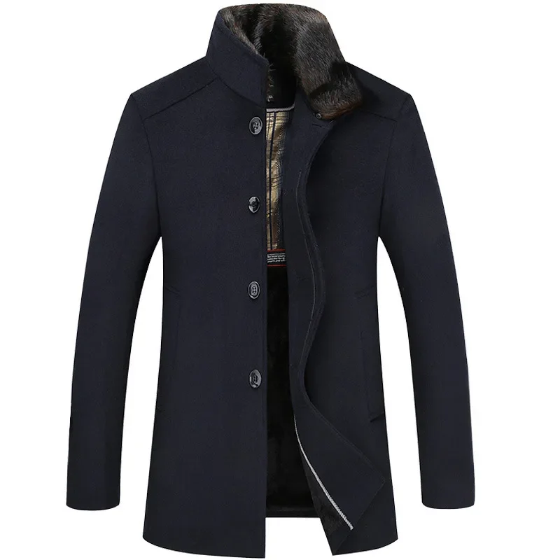 thumbnail image 1 of Chaqueta de lana de longitud media de invierno transfronteriza para hombre, con cuello alto y forro polar, estilo informal para negocios, tela engrosada, 1 of 5